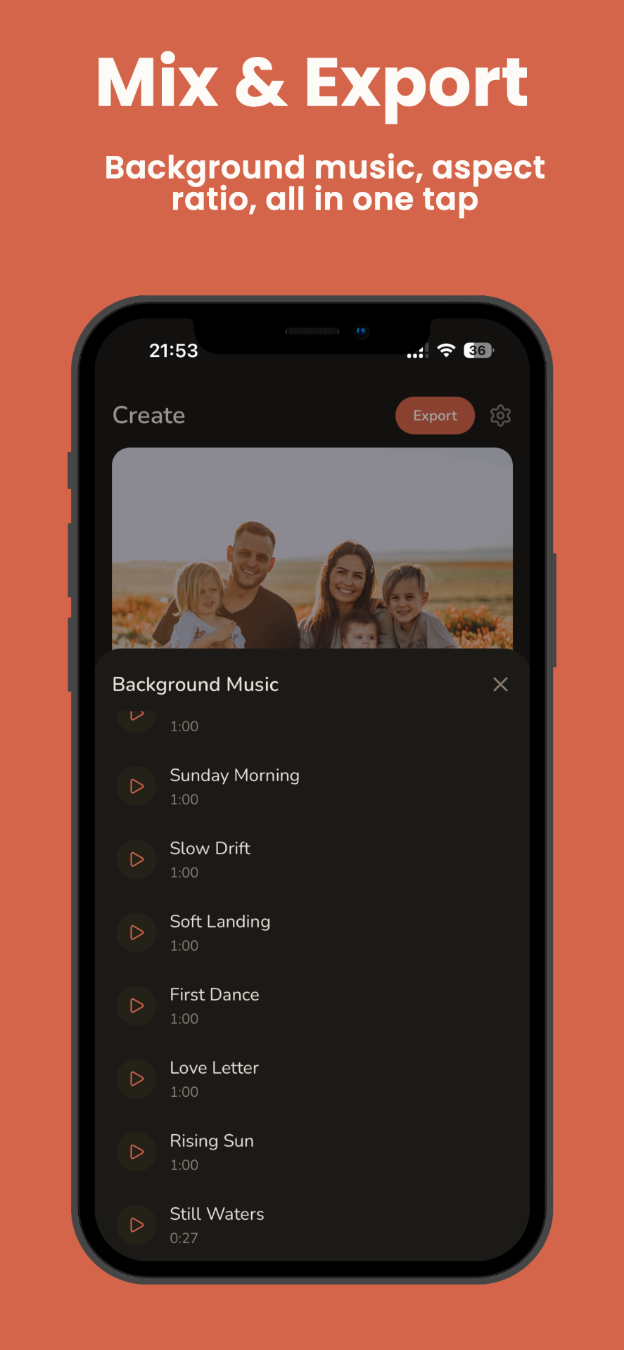 VoiceSnap — Mix and export screen